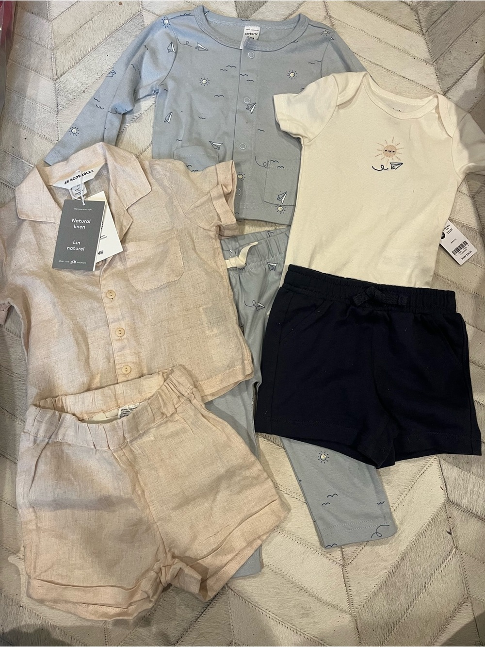 NWT Summer Baby Bundle: H&M Cream Linen Set and Carters Matching Sets - 9m